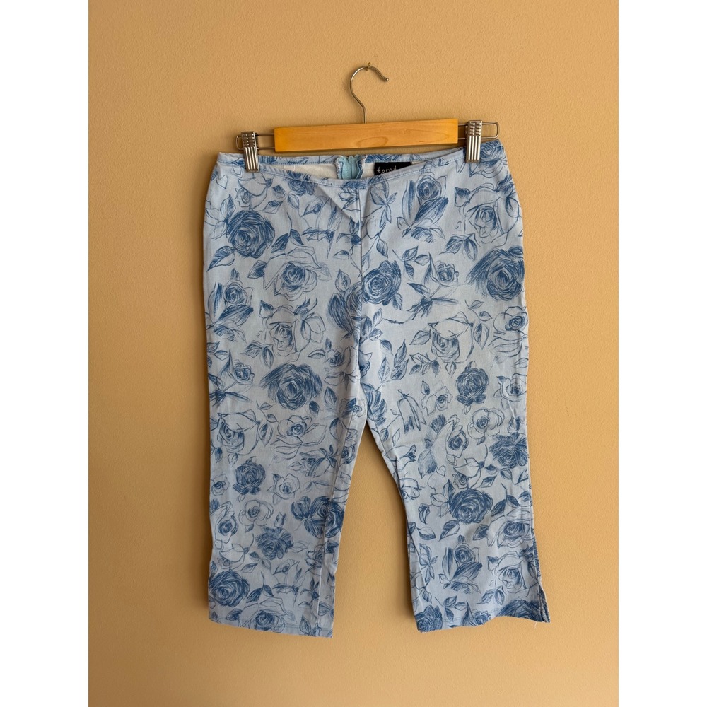 Y2K Tom Tom Blue Floral Rose Print Cropped Capri Pants Vintage Size 6